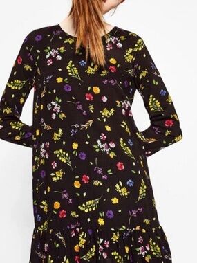 Zara Black Mini Dress with Multicolor Floral Print
